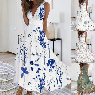 Women Floral V Neck Maxi Dress Ladies Evening Party Holiday Beach Sundress $25.69