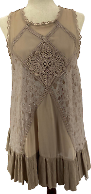 #ad Wishlist Womens Lace Boho Dress Sz Medium Taupe Bohemian Flowy Raw Hem $19.99
