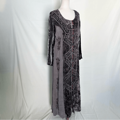 #ad Vintage 90s Boho Maxi Dress Velvet Long Sleeve Floral Soutache Button Front OS $75.00