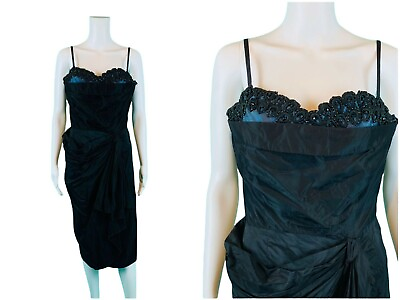 Vintage 1950s Cocktail Black Blue Sarong Wiggle Dress W 28quot; $248.00