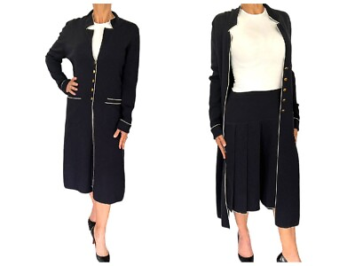 #ad RENA LANGE Navy Blue Wool Knit pleated skirt amp; long Jacket suit outfit set 8 $69.99
