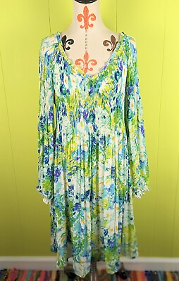 #ad Sunny Leigh Women#x27;s XL Green Yellow Long Sleeve Boho Dress Stretch Lined Smoked $29.99