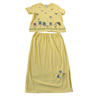 Vintage The Quacker Factory Shirt Skirt Set Womens 1X Yellow Embroidered Garden $79.99