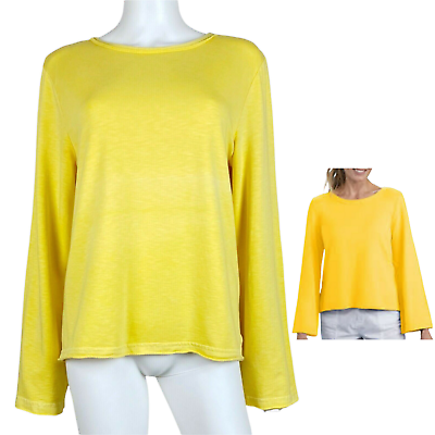 Fresh Produce Large Knit Top Split Back Wide Sleeve Yellow Soft Terry Sweatshirt $14.20