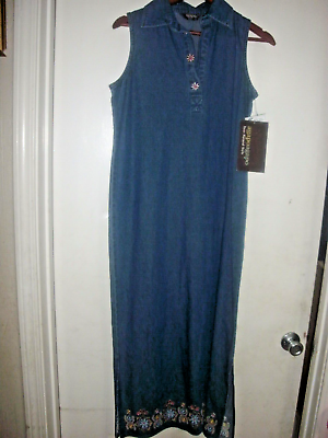 #ad NWT Agapo BLUE JEAN LONG MODEST MAXI DENIM SLEEVELESS COLLARED DRESS Sz S B149 $18.99