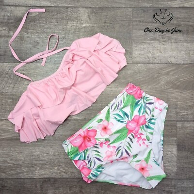 #ad ODIJ Ruffle Tie Back High Waist Bikini Swimsuit Size M $25.00