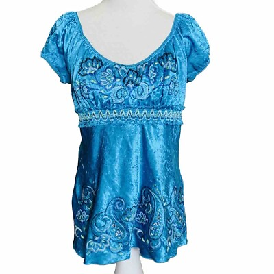 #ad Heart amp; Soul Y2K Milk Maid Top Sz XL Blue Satin Embroidered Paisley Boho Indie $27.89