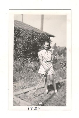 #ad Vintage Photo Pretty Woman Gardening In Summer Dress 1930#x27;s Found Art R147 $5.00
