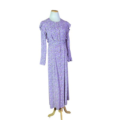 #ad Alvina Size 38 US6 Purple Floral Print Maxi Dress Long Sleeve Sash Tie Modest $22.49