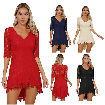 #ad Womens Elegant Floral Lace Bodycon Dress Half Sleeve V Neck Cocktail Party Dress $18.48