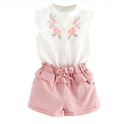 #ad Summer Girls Casual Embroidery Ruffles Sleeveless Shirts Shorts Two Piece Suits $23.93