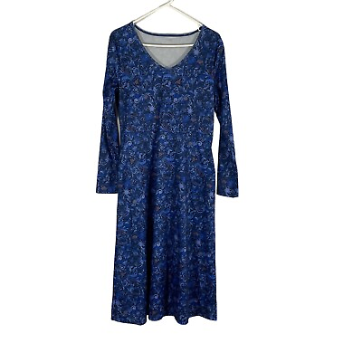 #ad Womens Blue Floral Long Sleeve V Neck Pullover Midi A Line Dress Size Small $9.59