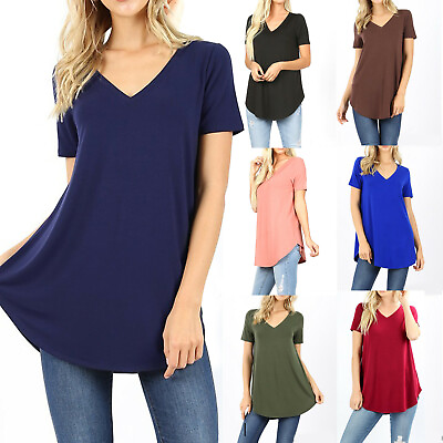 Womens Loose Fit Short Sleeve T Shirt V Neck Casual Basic Tunic Top Long Blouse $14.95