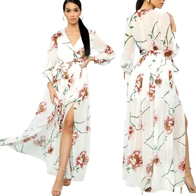 #ad Fashion Nova Dress Small Ivory And Pink Floral Print The Moment I Knew Maxi $22.39