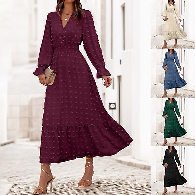 #ad Women Fall Dresses Long Sleeve V Neck Dots Maxi Dress Boho Long Dress High $32.17