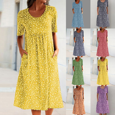 #ad #ad US Women Boho Floral Midi Dress Ladies Summer Holiday Pockets Sundress Plus Size $19.39