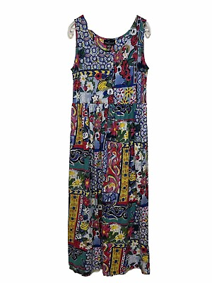 #ad Carole Little Dress Medium Blue Red Sleeveless Maxi Patchwork Cotton Pockets $35.00