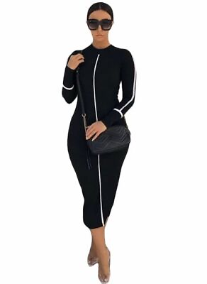 #ad Womens Bodycon Dress Long Sleeve High Neck Party Slim Midi Dress $15.99