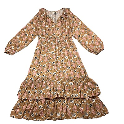#ad #ad Peasant Dress M Boho Midi Maxi Floral Ruffle Smocked Tiered Long Sleeve Tan Pink $24.95