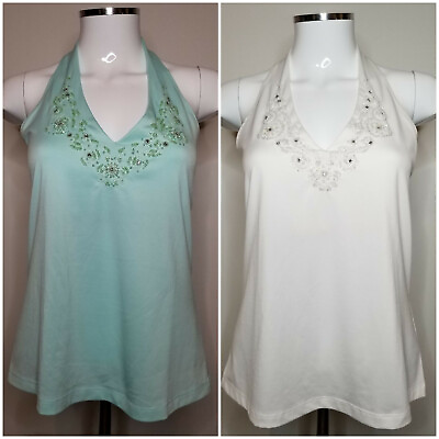 #ad APOSTROPHE Fancy Halter Top White or Mint Green Embellished Bling Size Junior XL $9.95