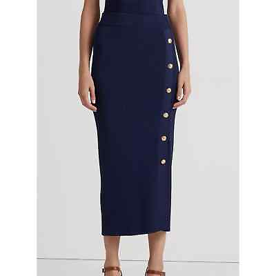 #ad Lauren Ralph Lauren Women#x27;s Navy Blue Button Front Rib Knit Midi Skirt M NWOT $57.99