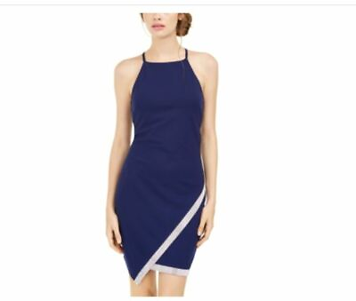 #ad Juniors#x27; Asymmetrical Hem Rhinestone Dress Party wear Halter neck Navy Blue NEW $239.40