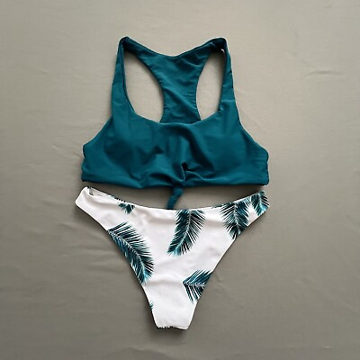 #ad M Zaful Swimsuit Size 6 Women Bikini Two Piece Set Swimwear Tropical Teal White $8.97