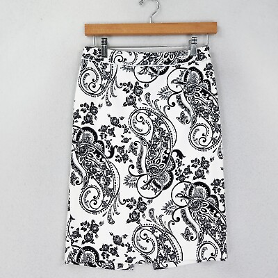 #ad WHBM Skirt Womens 00 Black White Paisley Floral Pencil Knee Length Cotton Career $27.92