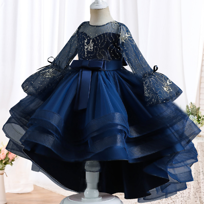 #ad #ad Flower Girl Wedding Party Ball Tailed Print Dress Girl Party High Collar Dress $46.43