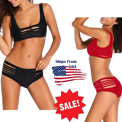 Women Bikini Swimwear Bandeau Top Bathing Suit Cutout Sliced Cut Swimsuit M L US $3.99