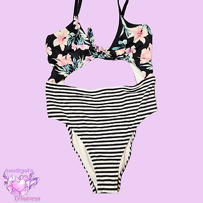 #ad #ad Victoria#x27;s Secret L monokini striped floral keyhole swim bathing suit high waist $19.00