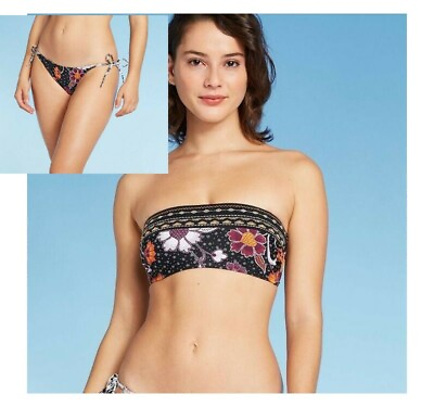 Women#x27;s Embroidered Bandeau Bikini Topamp;BOTTOM Xhilaration Black Various Sizes $12.99