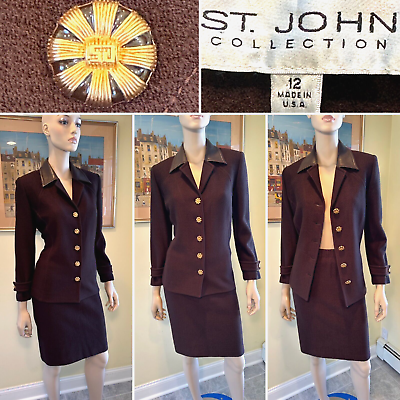 #ad #ad Vtg ST JOHN Size 10 12 Large Brown Stretch Wool Knit amp; Leather Skirt Suit USA $249.99
