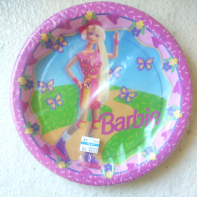 Party Express Vtg 1995 BARBIE Roller Blades 8 Ct Birthday Party Paper Plates USA $14.99
