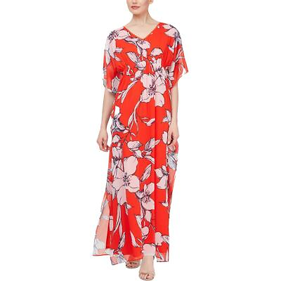 #ad SLNY Womens Red Smocked Floral Print Kaftan Maxi Dress 16 BHFO 2821 $14.99