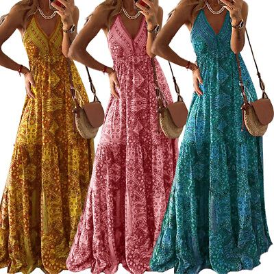 #ad Women Elegant Deep V Neck Boho Strappy Maxi Dress Summer Long Beach Sundress $24.49