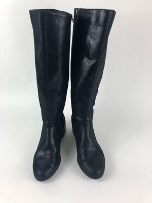 #ad Womens Boots Black Knee High Side Zipper Studded Back Cuban Heels Leather 6.5 M $11.50