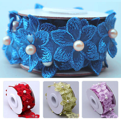1 Roll Wedding Dress Lace Embroidered Ribbon Pearl Flower DIY Clothing Sewing AU $1.79
