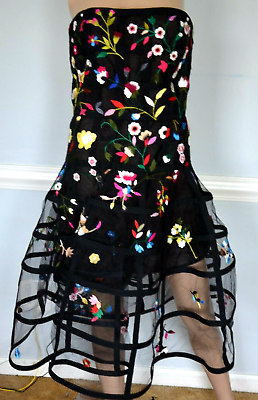 Oscar de la Renta Embroidered Floral Cage Skirt Black Cocktail Party Dress 4 6 $1491.75