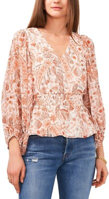 #ad Sam and Jess Womens Blouse Floral V neck Ballloon Sleeve Smocked Boho Orange XL $21.85