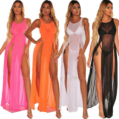#ad Plus Size Womens See Through Sleeveless High Slit Dress Maxi Long Beach Cover Up $13.49