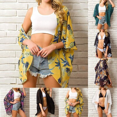 #ad Women#x27;s Chiffon Cardigan Blouse Beach Cover Up Floral Cardigan Bikini Cover Up $14.33