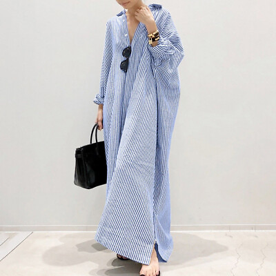 #ad Women Shirt Dress Casual Long Sleeve Button Down Striped Loose Maxi Dresses Size $22.49