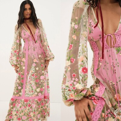 NWT For Love amp; Lemons Pink Floral Embroidered Luna Maxi Dress Size Small Barbie $489.99