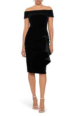 #ad Xscape Black Ruffle Off the Shoulder Velvet Cocktail Dress Size 16 $208 $98.98