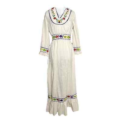 #ad Vintage Sears Fashion CottageCore Maxi Boho Dress Embroidered 6 8 Small 70s $150.00