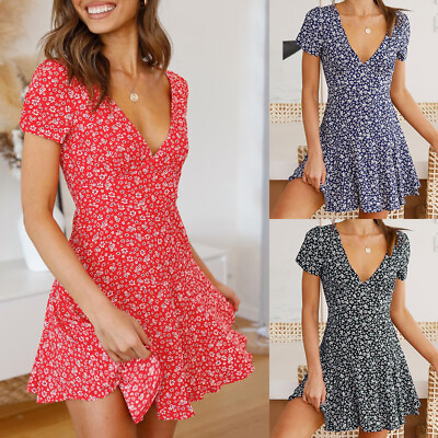 #ad Womens Floral Short Sleeve Mini Boho Dress Summer Beach V Neck Short Sundress $26.19