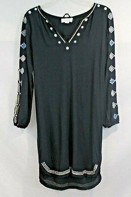 #ad Velvet by Graham amp; Spencer Boho Dress XS Navy Embroidered Sleeve Sequin Trim Hem $20.00