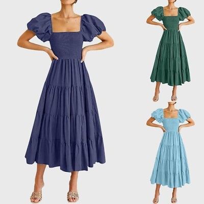 #ad Square Neck Backless Puff Sleeve Pleated Maxi Dresses for Women Casual Summer $40.53