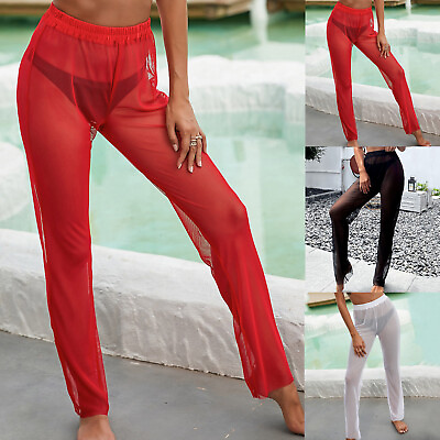 #ad NEW Women Sheer Mesh Straight Cover Up Trousers BeaCh Cover Up r Swimwear Pants $12.43
